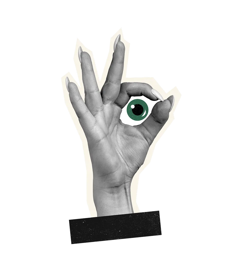 Black-and-white hand forms an OK sign with a green eye inside, beside an empty wooden shelf and text: “Stay Top of Mind, Not Just Top of Shelf 