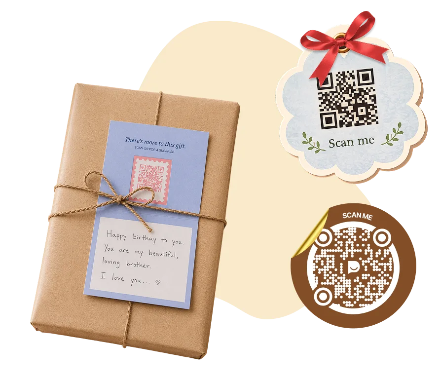 Gift with a personalized greeting card, QR gift tag, or QR sticker