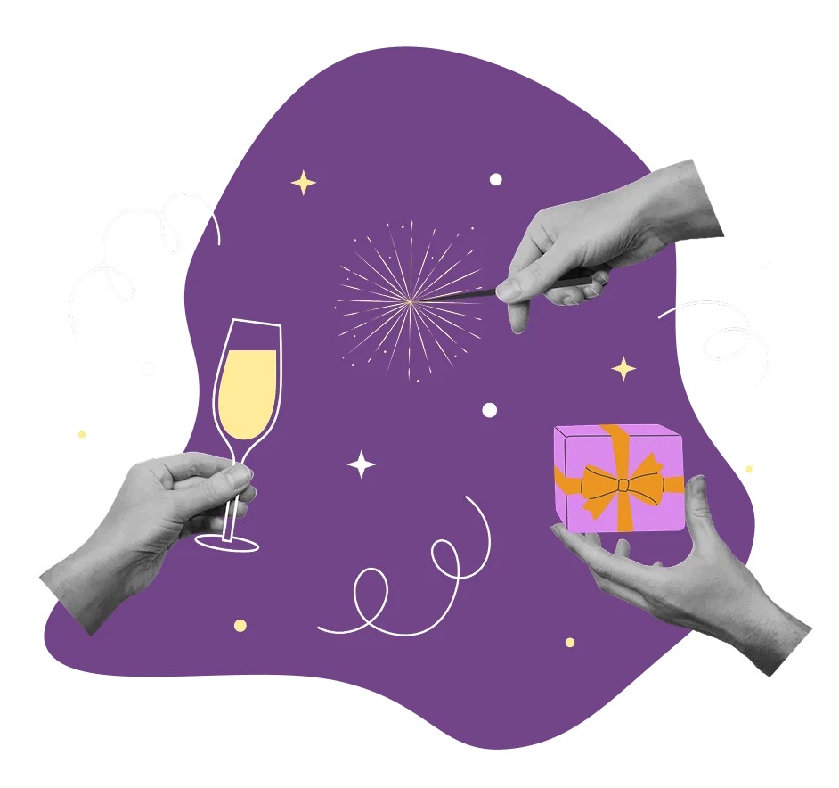 Hands sharing a gift and champagne to celebrate a special occasion