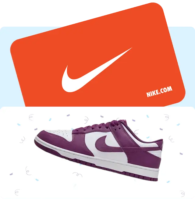 A Nike gift card with a purple trainer