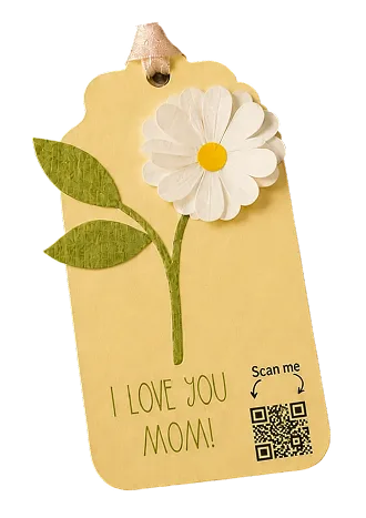 A gift tag with a paper flower reading I love you mom with a scannable QR code